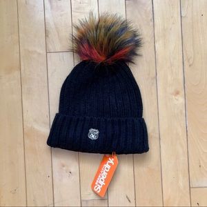 Superdry Black hat with Multicolor fur pom